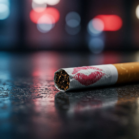 Cigarette with red heart shape on black table with bokeh backgroundの素材