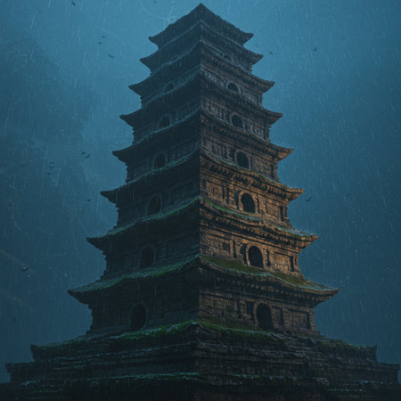 Ancient pagoda in the rain. 3d rendering. Computer digital drawing.の素材