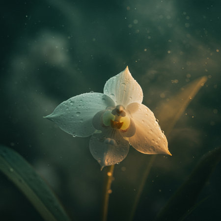 Beautiful white orchid with dew drops on green background.の素材
