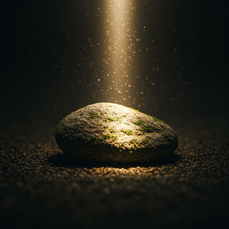 Zen stone with light beam on dark background. Zen and meditation concept.の素材