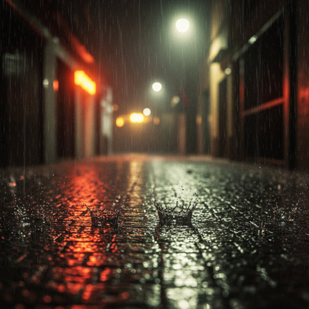 Rainy night in the city, wet asphalt, blurred background.の素材