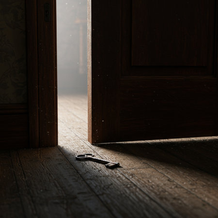 Key in the door of an old house. Conceptual image.の素材