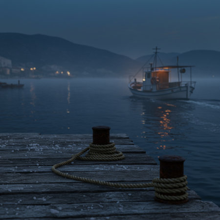 Wooden pier with fishing boat in the background at sunrise in Montenegroの素材