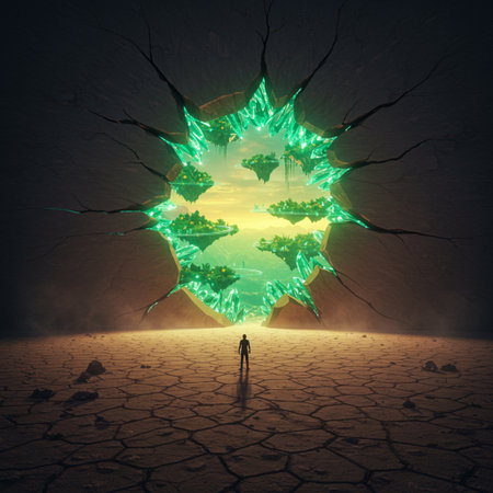 Conceptual image of a man standing in the middle of a cracked earthの素材