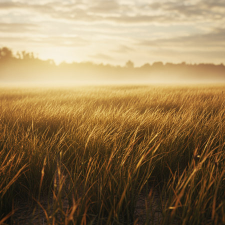 Sunset over a meadow with grass and fog in the backgroundの素材