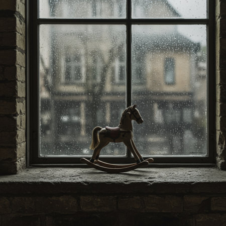 A wooden toy horse on a window sill with rain drops on the backgroundの素材