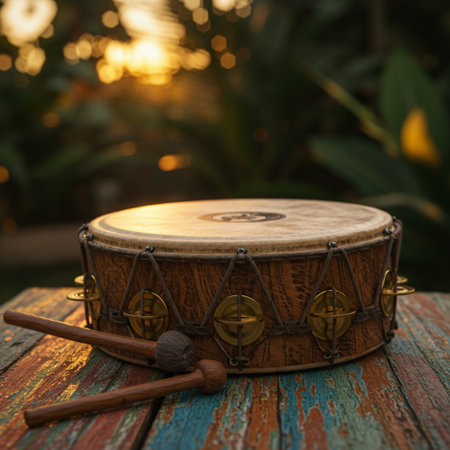 Drum and stick on a wooden table in a tropical setting.の素材
