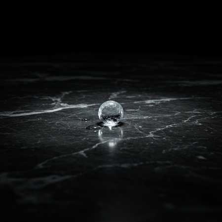 Broken glass ball on black marble surface. Shallow depth of fieldの素材