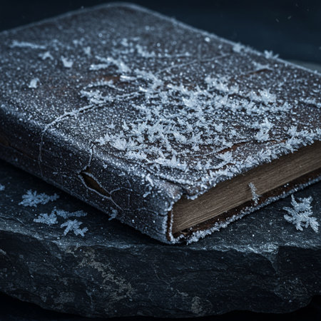 Old book covered with hoarfrost on dark background. Toned.の素材