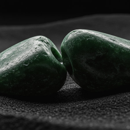 Close up of two green stones on black background. Toned.の素材