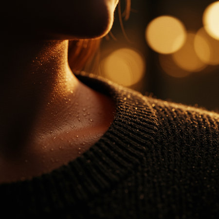 Close-up of a woman's neck in a knitted sweaterの素材