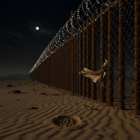 Fence with barbed wire in the desert at night. 3d renderingの素材