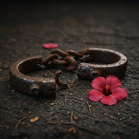 Old rusty iron handcuffs and flower on dark background. Selective focus.の素材