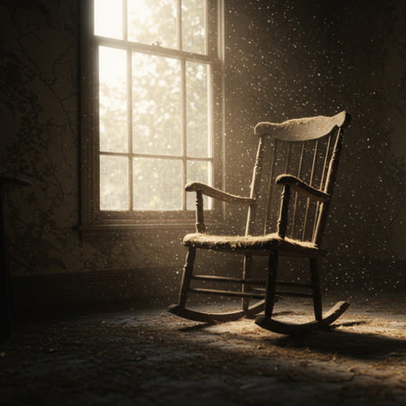 Rocking chair in a dark room with sunlight coming through the windowの素材