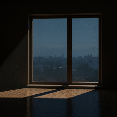 Dark room with big window and city view. 3D Renderingの素材