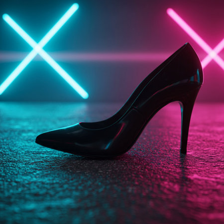Black high-heeled shoes on a dark background with neon light.の素材