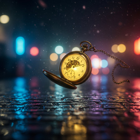 Vintage pocket watch on the road at night. Time concept.の素材