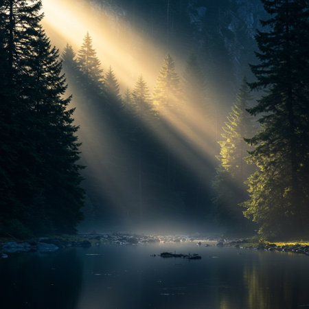Sun rays shining through misty forest on the mountain lake in autumnの素材