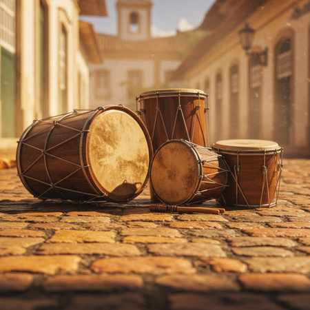Drums on a cobblestone street in the old city.の素材