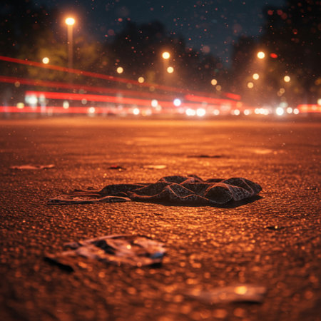 Conceptual image of dead body on the road at night.の素材