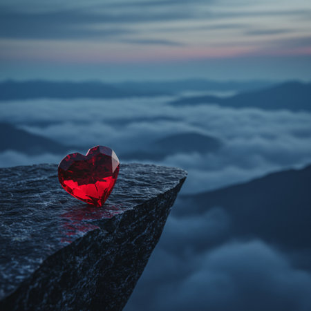 Red heart on a stone in the mountains. 3d rendering.の素材