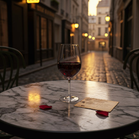 A glass of red wine on a table in a street cafe in Parisの素材