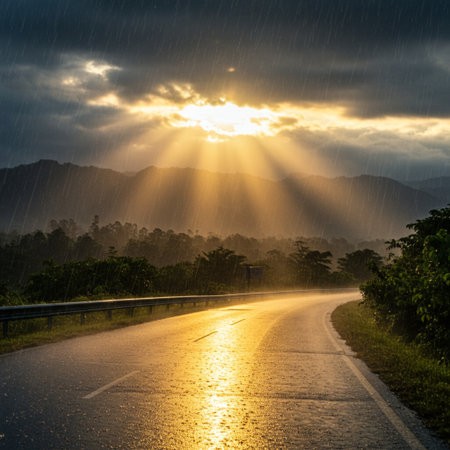 Road in the rain with sun rays through the clouds and mountains.の素材