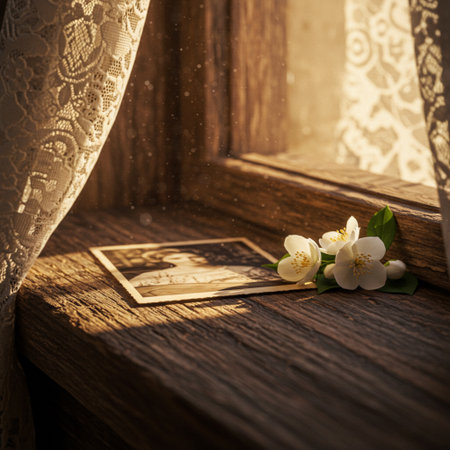 Jasmine flowers on the windowsill. Vintage style. Toned.の素材