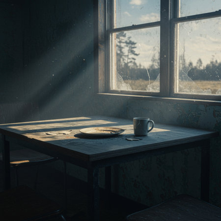 A cup of coffee on a wooden table in an old abandoned houseの素材