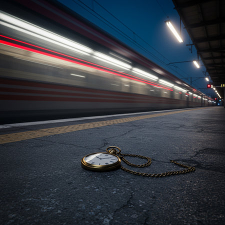 Stopwatch on the platform of a railway station at night with motion blurred trainの素材