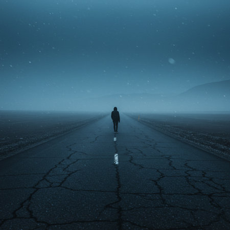 Man standing on the road in the middle of the desert at nightの素材