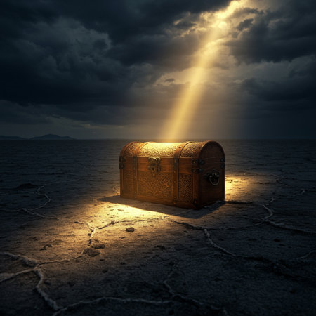 Treasure chest on the sea with rays of light coming out of itの素材