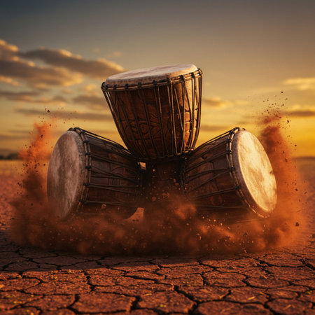 Djembe drum on dry land with sunset. 3d renderingの素材