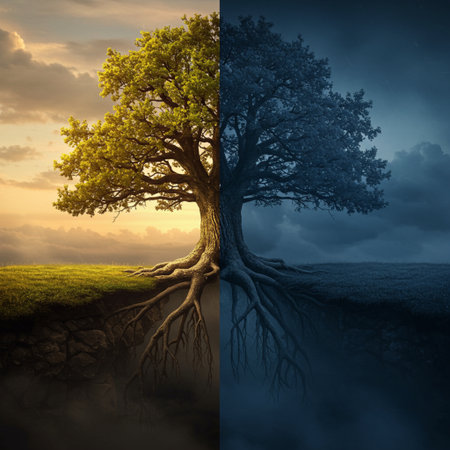 Collage of two images with a big tree in the foreground.の素材