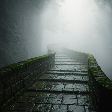 Foggy path in the Great Wall of China. Landscape.の素材