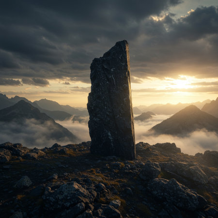 Stone on the top of the mountain in the rays of the rising sunの素材