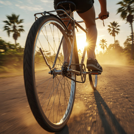 Woman riding a bicycle on the road at sunset. Healthy lifestyle concept.の素材