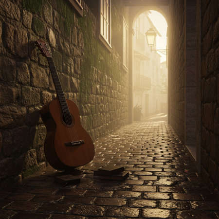 Guitar in the old street. 3d render. Vintage style.の素材