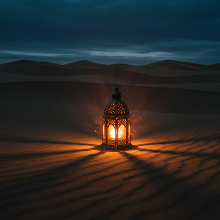 Lantern in the desert at night. 3D rendering.の素材