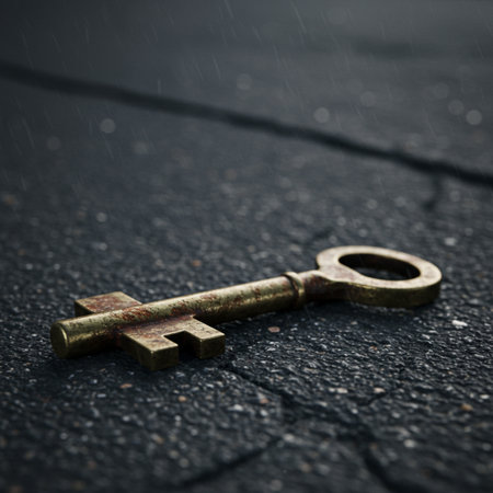 Old key on the floor in the rain. Shallow depth of field.の素材