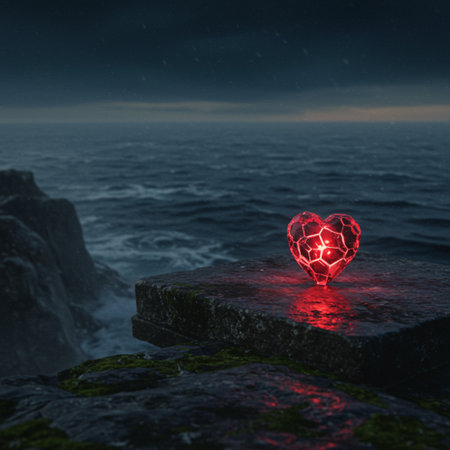 Red heart on a rock in the sea at night. 3d renderingの素材