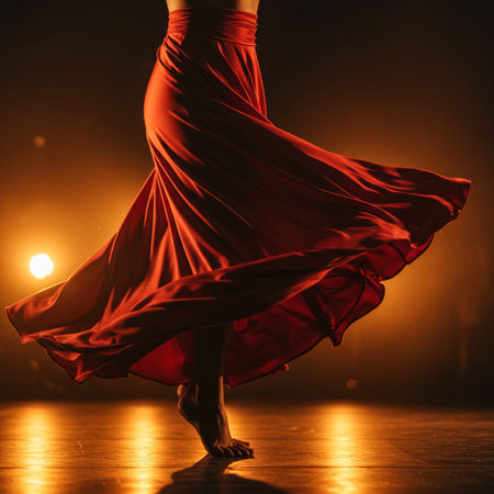 Beautiful woman dancing flamenco in a red dress on a dark backgroundの素材