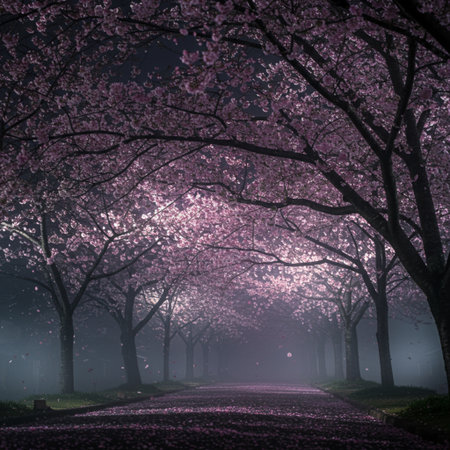Cherry blossoms in the park at night with foggy backgroundの素材