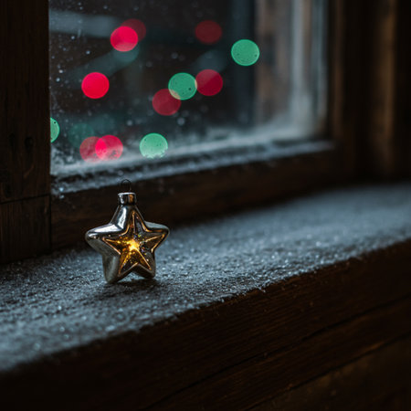 Christmas decoration on a window sill with bokeh lights in the backgroundの素材