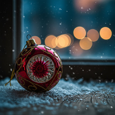 Red Christmas ball on snow with bokeh background. New Year concept.の素材