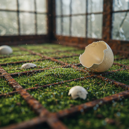 Eggshells on green grass in a greenhouse. Easter conceptの素材