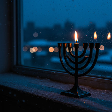 Jewish holiday Hanukkah with menorah (traditional candelabra) and burning candles on the window.の素材