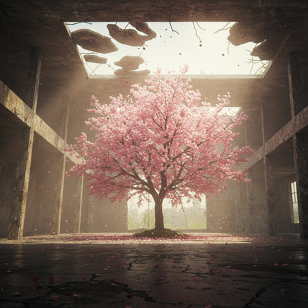 Blossoming tree in an abandoned factory. 3D rendering.の素材