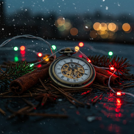 Vintage pocket watch and christmas decoration on dark background. Selective focus.の素材