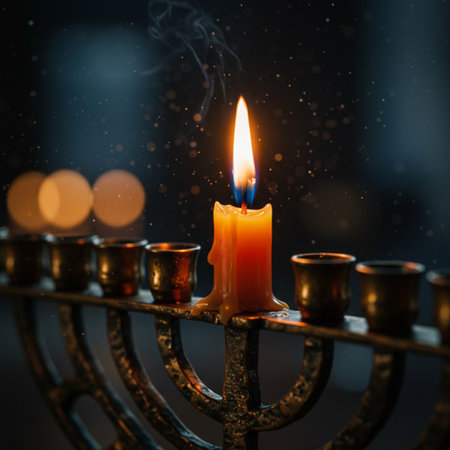 image of jewish holiday Hanukkah background with menorah (traditional candelabra) and candlesの素材